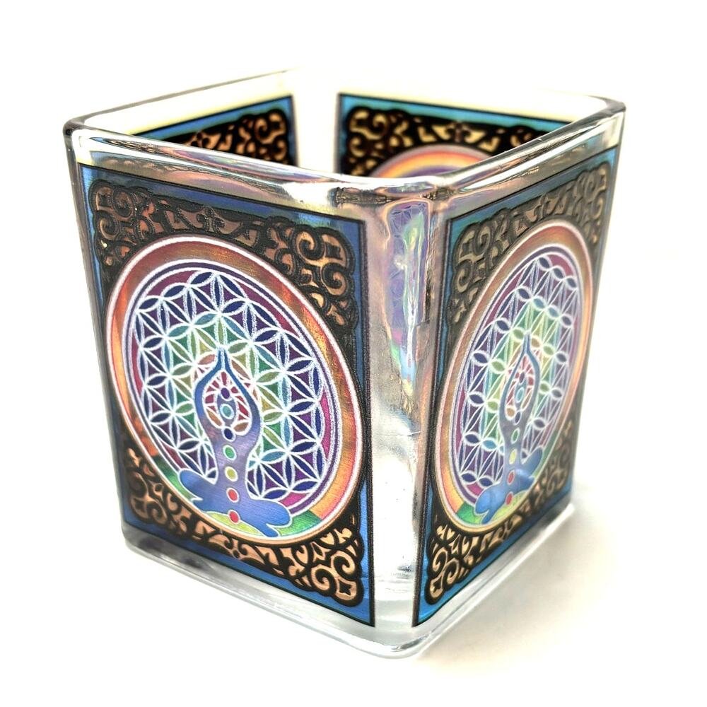 Glass Square Votive Candle Holder Rainbow Chakra Flower of Life Design